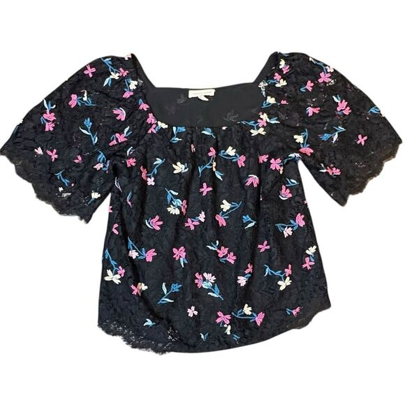Rebecca Taylor Black Lace Floral Flutter Sleeve Top Size 4 - Picture 1 of 9